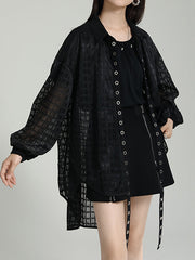 High-Low Long Sleeves Gauze See-Through Round-Neck Blouses&Shirts Tops