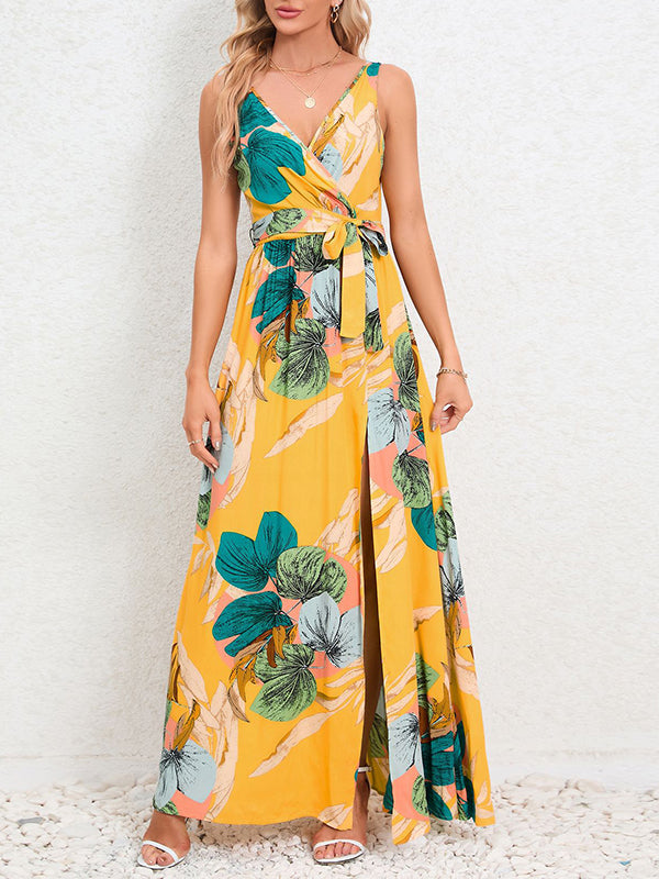 A-Line Loose Flower Print Pleated Split-Front Tied Waist V-Neck Maxi Dresses