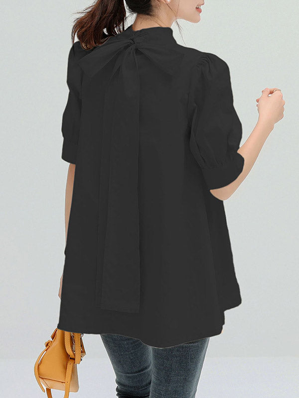 Half Sleeves Loose Bowknot Pleated Solid Color Mock Neck Blouses&Shirts Tops