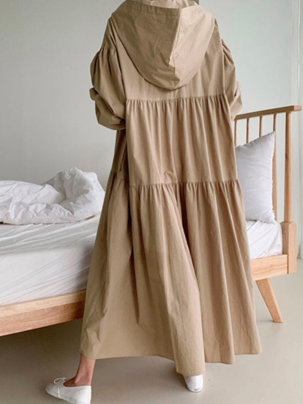 Urban Solid Color Pleated Long Sleeves Hooded Midi Dress