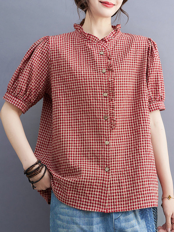 Loose Oversize Plaid Pleated Split-Joint V-Neck Blouses