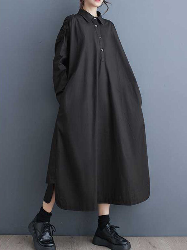 A-Line Long Sleeves Buttoned Hollow Pleated Pockets Solid Color Lapel Midi Dresses Shirt Dress