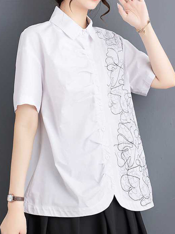 Irregularity Loose Buttoned Embroidered Pleated Lapel Collar Blouses&Shirts Tops