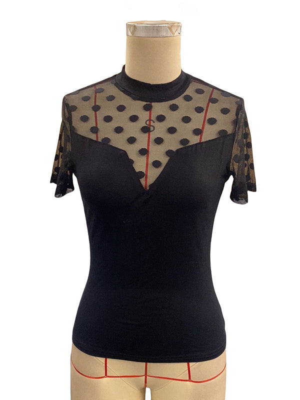 Loose Short Sleeves Mesh Polka-Dot See-Through Split-Joint Round-Neck T-Shirts Tops