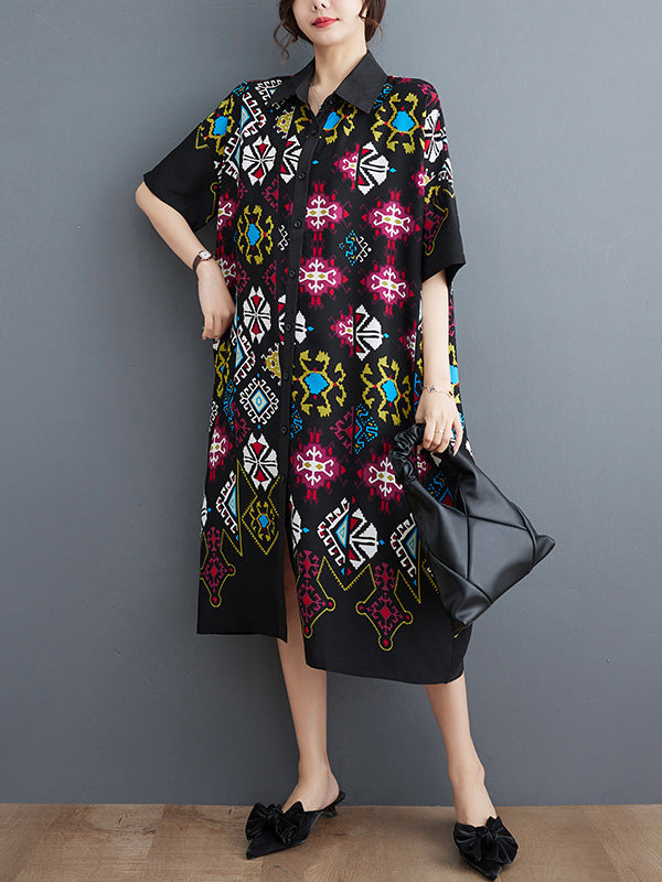 Loose Short Sleeves Ethnic Printed Lapel Midi Dresses