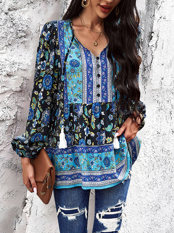 Long Sleeves Loose Buttoned Elasticity Flower Print Split-Joint Tasseled V-Neck Blouses&Shirts Tops