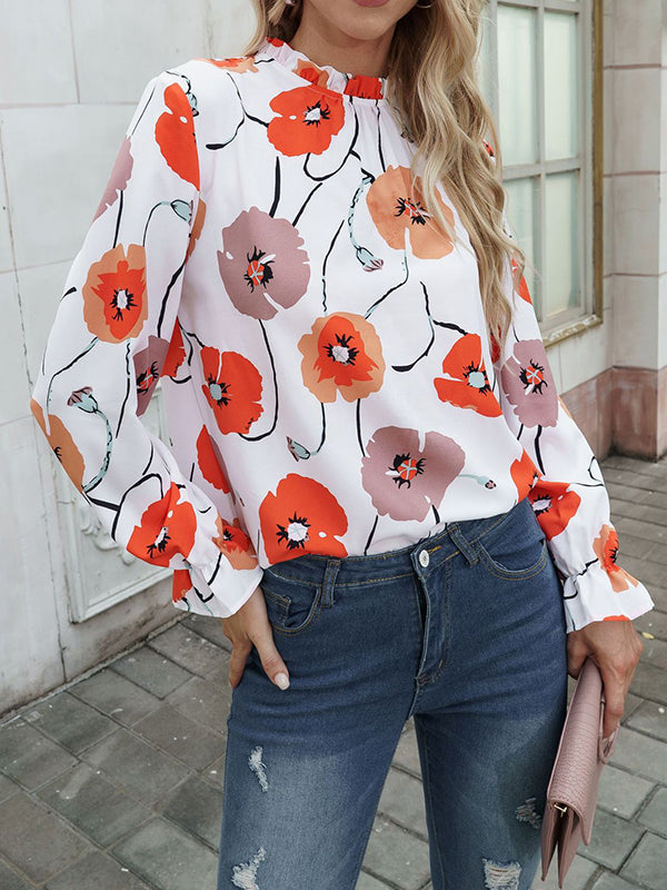 Long Sleeves Loose Floral Printed Hollow Stand Collar Blouses