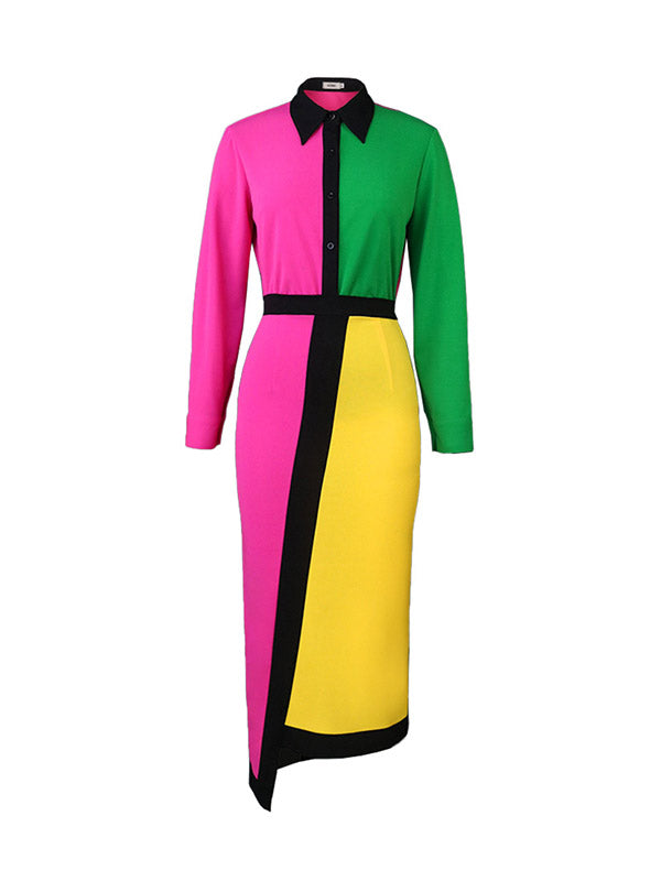 High Waisted Long Sleeves Asymmetric Buttoned Contrast Color Split-Back Lapel Midi Dresses