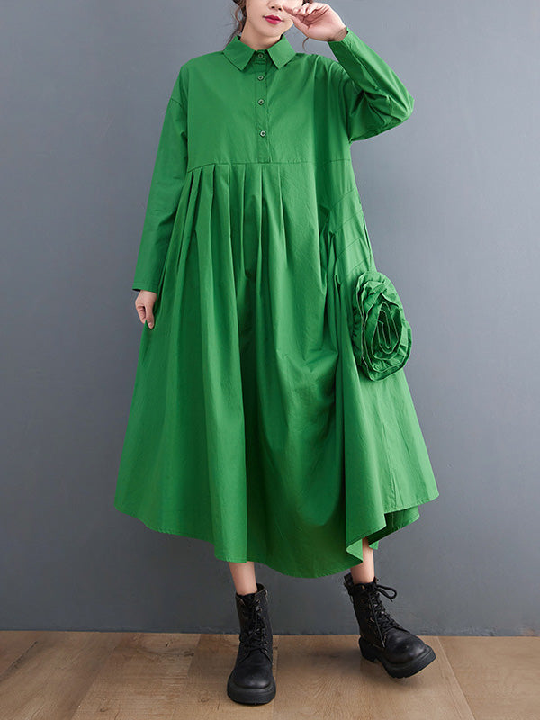 Urban Floral Applique Pleated Long Sleeves Shirt Dress Midi Dress