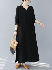 A-Line Long Sleeves Pockets Solid Color Split-Side V-Neck Maxi Dresses