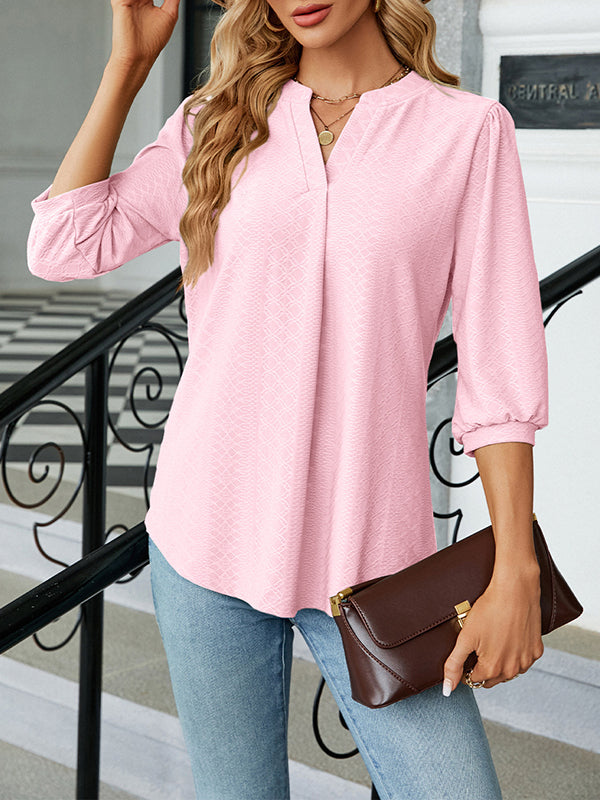 Loose Puff Sleeves Jacquard Pleated Solid Color Split-Joint V-Neck T-Shirts Tops