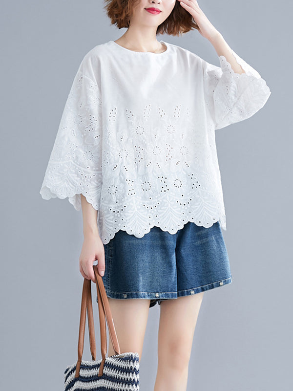 Loose Three-Quarter Sleeves Hollow Print Round-Neck Blouses&Shirts Tops