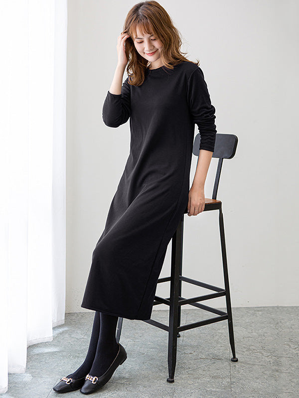 Simple Solid Color Round-Neck A-Line Midi Dress