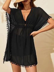 Batwing Sleeves Loose Drawstring See-Through Solid Color Tasseled V-Neck Beach Cover-Up Mini Dresses