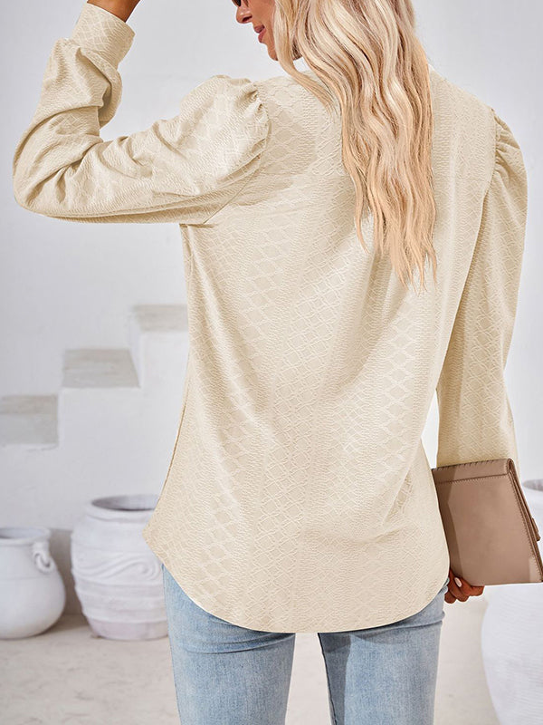 Long Sleeves Loose Jacquard Solid Color V-neck T-Shirts Tops