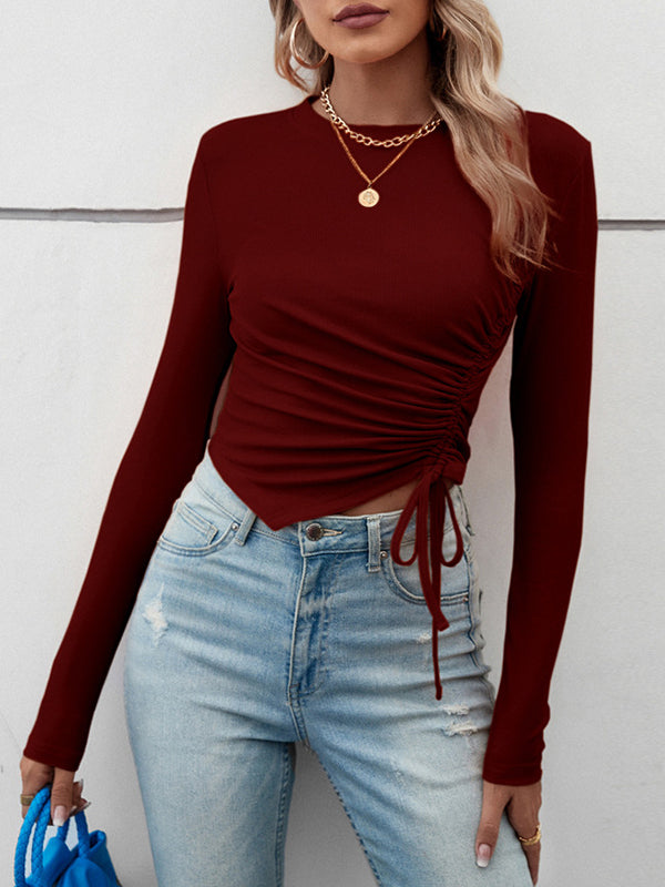 Long Sleeves Skinny Asymmetric Drawstring Solid Color Round-Neck T-Shirts Tops