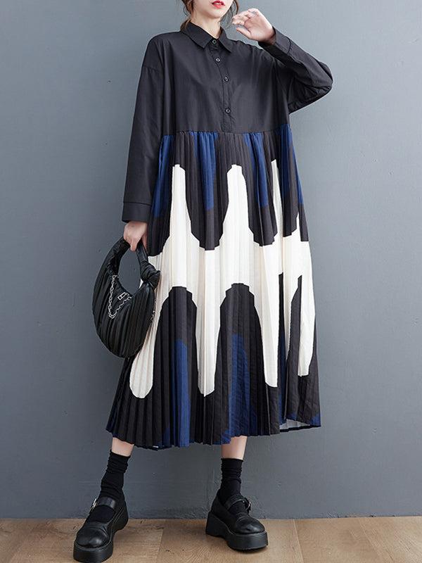 A-Line Long Sleeves Contrast Color Pleated Printing Split-Joint Polo Midi Dresses