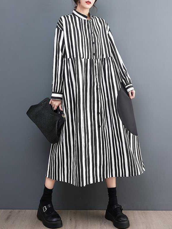 Long Sleeves Loose Buttoned Split-Joint Striped Mock Neck Midi Dresses