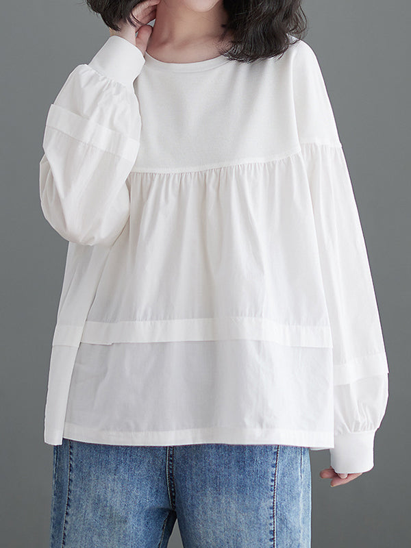 A-Line Long Sleeves Pleated Split-Joint Round-Neck T-Shirts Tops