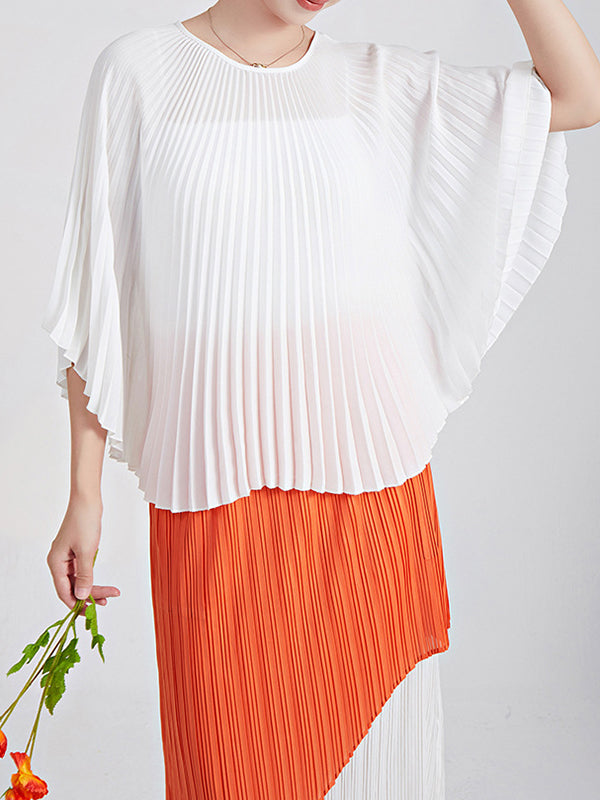 Batwing Sleeves Loose Pleated Solid Color Round-Neck T-Shirts Tops