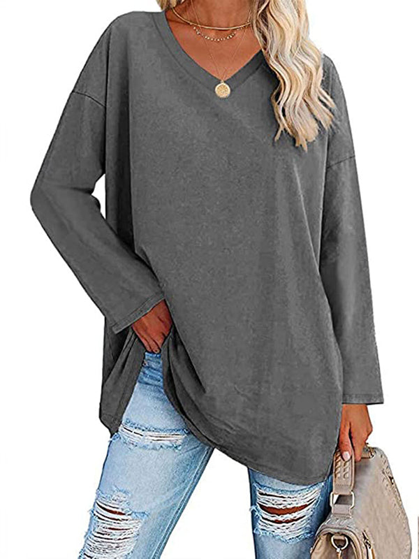 Long Sleeves Loose See-Through Solid Color Split-Joint V-Neck T-Shirts