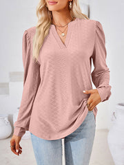 Long Sleeves Loose Jacquard Solid Color V-neck T-Shirts Tops