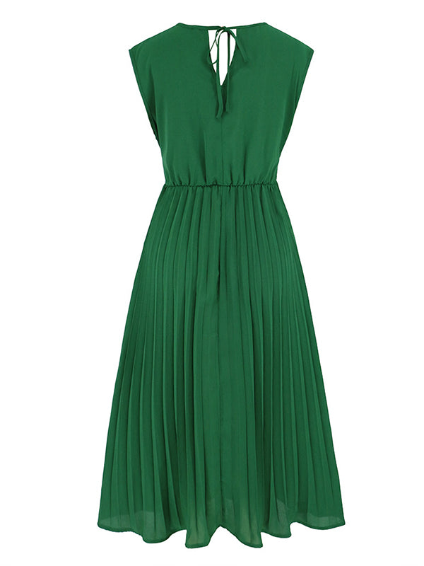 Sleeveless Pleated Solid Color Tied Waist V-Neck Midi Dresses