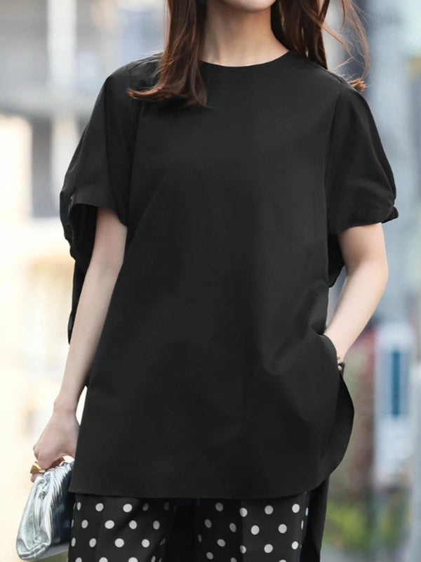 High-low Loose Elasticity Solid Color Split-side Round-neck T-Shirts Tops