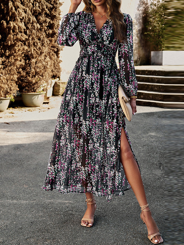 A-Line High Waisted Flower Print Ruffled Split-Joint Deep V-Neck Maxi Dresses