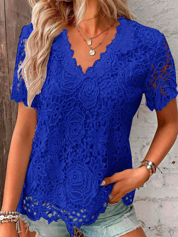 Loose Plus Size Embroidered Hollow Solid Color Split-Joint V-Neck T-Shirts Tops