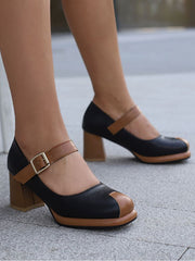 Belt Buckle Hollow Round-Toe Shallow Cut Split-Joint Pumps