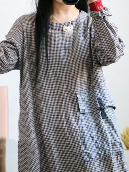 Loose Vintage Linen Plaid Round-neck Long Dress