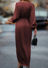 Elegant Wine Red Draped V-Neck Midi Dress