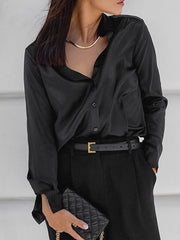 Long Sleeves Loose Solid Color Split-Joint Lapel Blouses