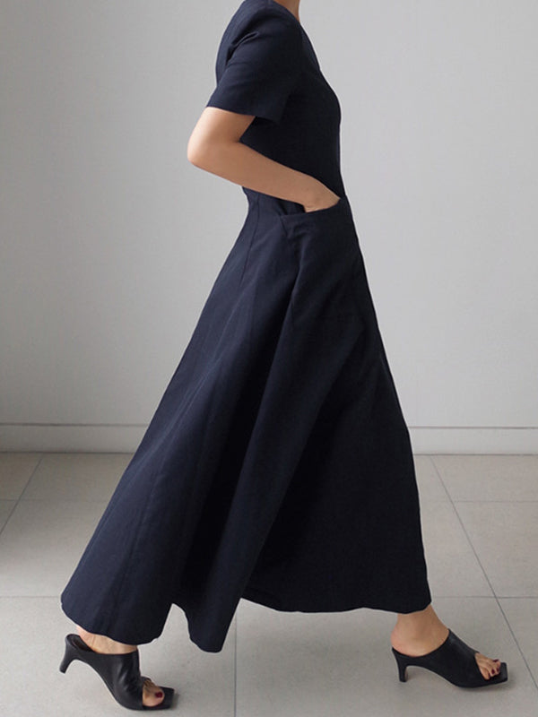 Simple Casual Solid Color Pleated Midi Dress