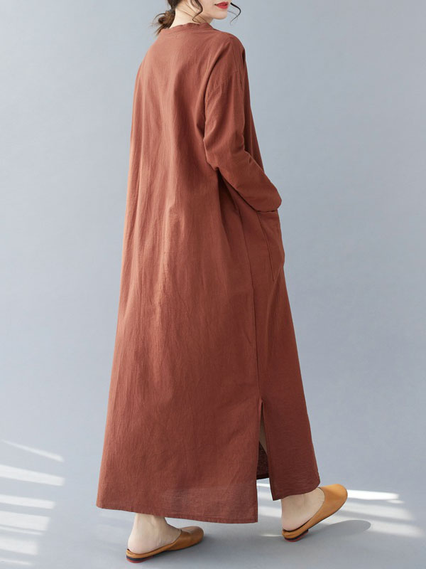 A-Line Long Sleeves Pockets Solid Color Split-Side V-Neck Maxi Dresses