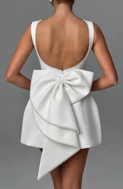 Pearl-Trimmed Bow Back Mini Dress - Chic Elegance