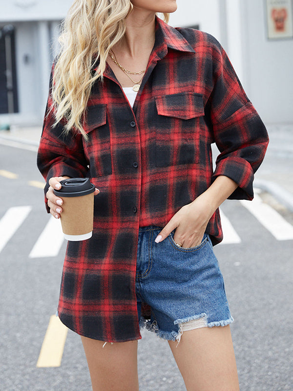 Long Sleeves Loose Buttoned Plaid Pockets Split-Joint Lapel Blouses&Shirts Tops