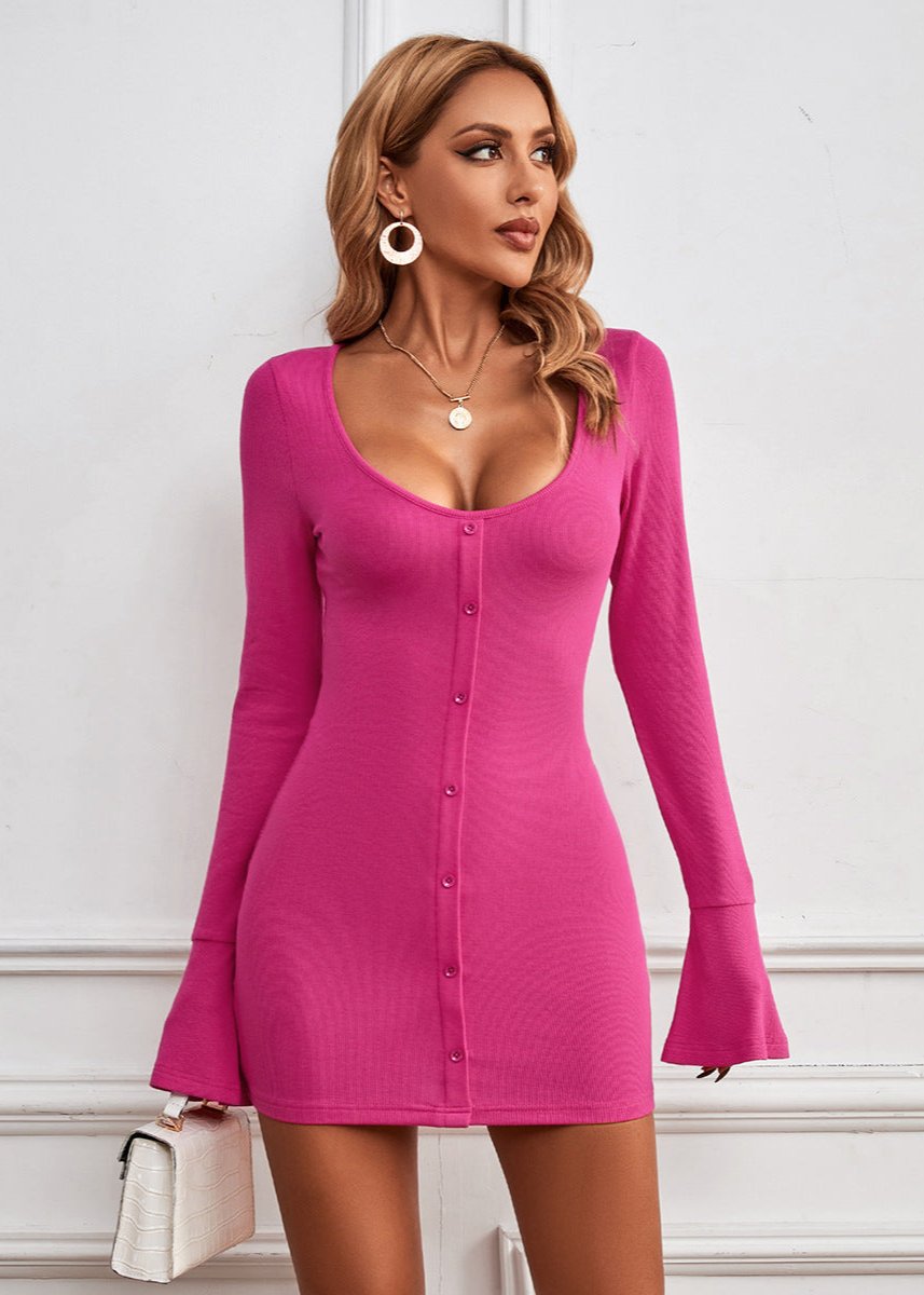 U-Neck Button Bodycon Mini Dress