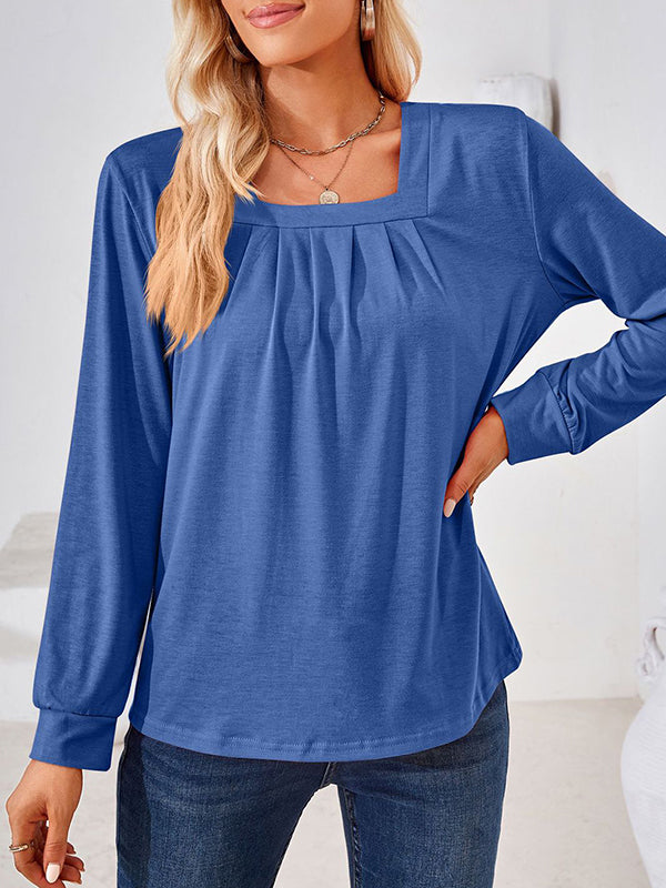 Long Sleeves Loose Pleated Solid Color Square-Neck T-Shirts Tops