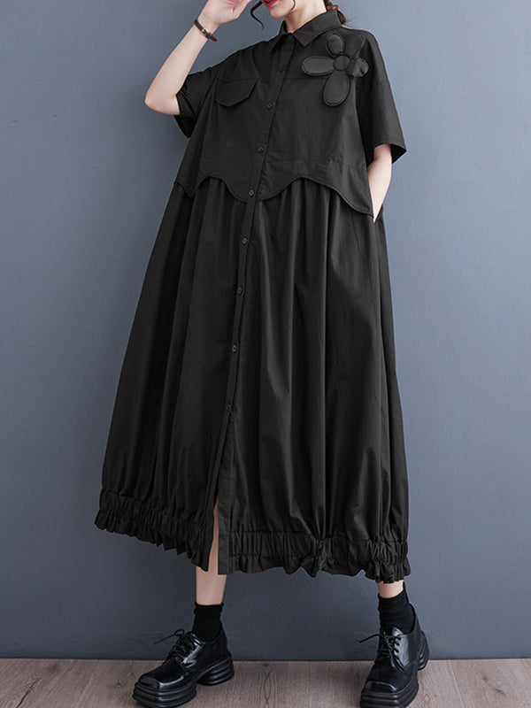 Loose Short Sleeves Elasticity Pleated Split-Joint Lapel Midi Dresses