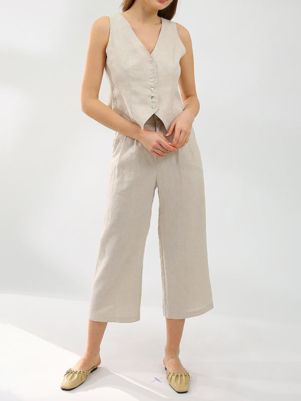 Solid Color  Sleeveless Buttoned Deep V-Neck Vest Top + Pleated Straight Leg Pants Bottom Two Pieces Set