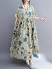 Artistic Retro Loose Floral Printed Pleated Vacation Midi Dress