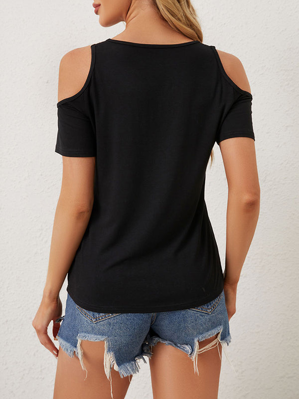 Loose Short Sleeves Hollow Split-Joint Cold Shoulder T-Shirts Tops