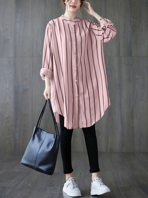 Long Sleeves Loose Buttoned Striped Blouses&Shirts Tops