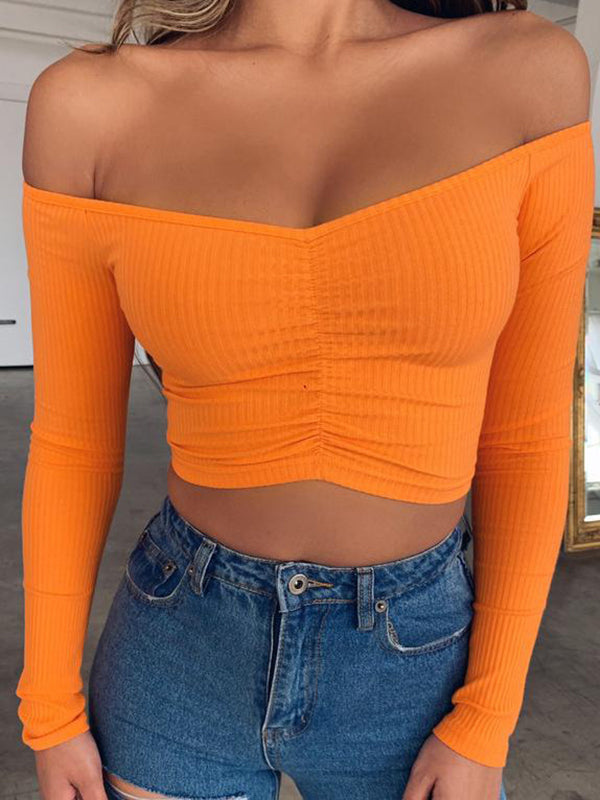 Long Sleeves Skinny Solid Color Off-The-Shoulder T-Shirts Tops