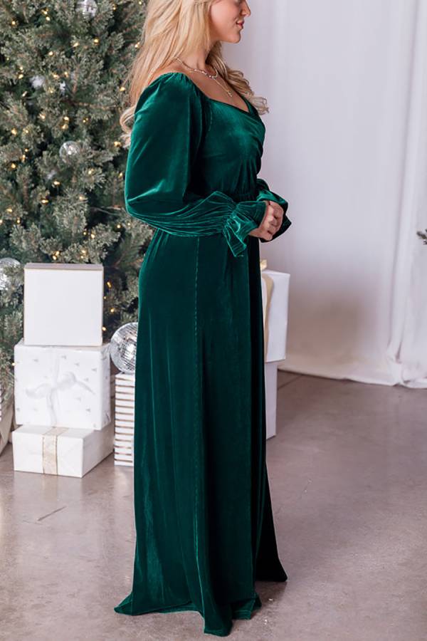 Holiday Magic Velvet Emerald Ruched Maxi Dress