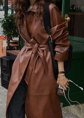 Vintage Brown Belted Leather Trench Coat - Single-Breasted