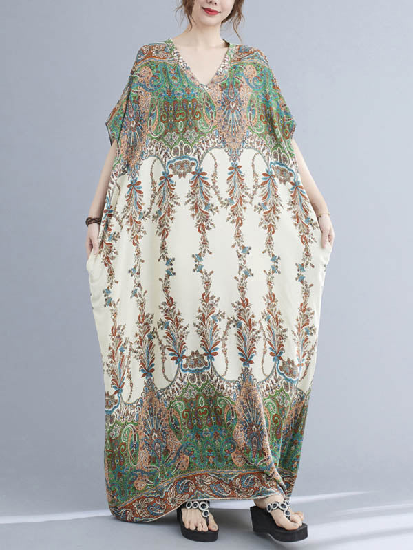 Vintage Floral Printed V-Neck Batwing Sleeves H-Line Maxi Dress