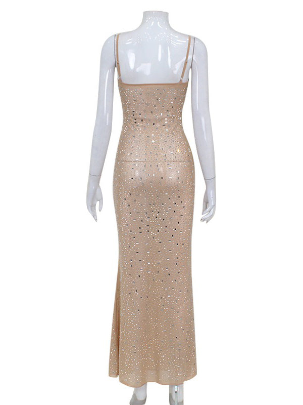 Bodycon Skinny See-Through Sequined Split-Joint Spaghetti-Neck Maxi Dresses